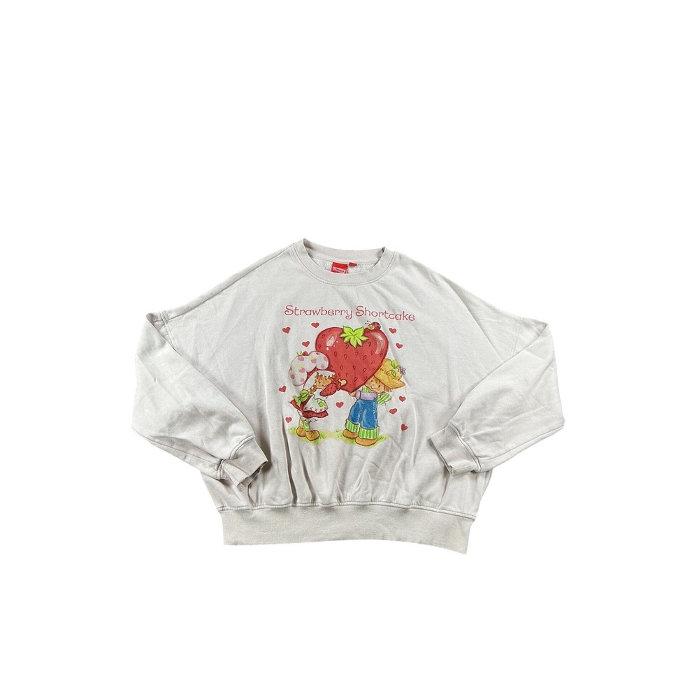 Strawberry Shortcake Graphic Sweatshirt Cream Pink Oversized Pullover Womens M